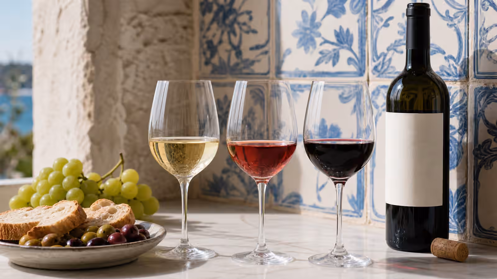 Three glasses of Portuguese-style wine beside an unbranded bottle, cork, grapes, bread, olives, and blue ceramic tiles.