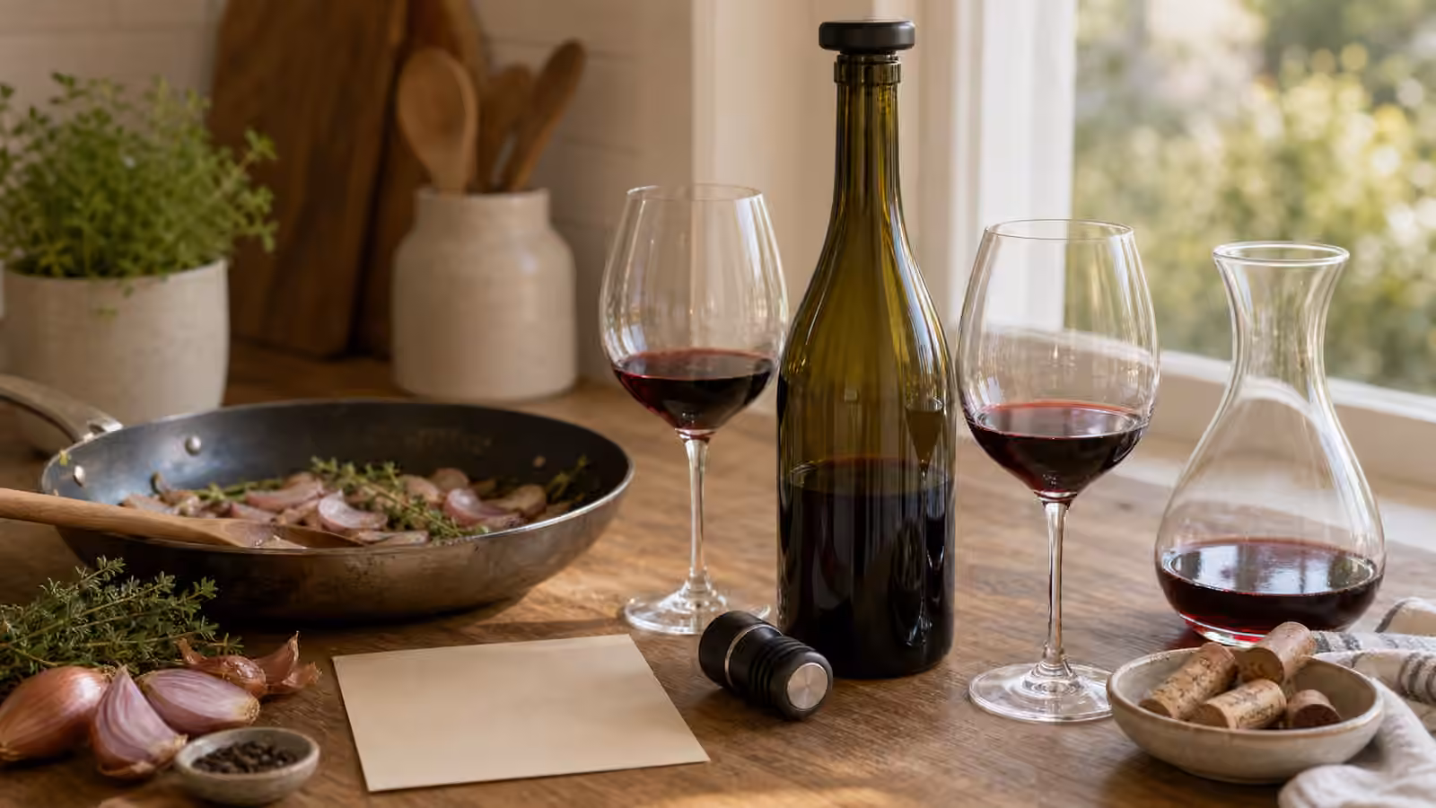 A half-full unbranded wine bottle, two glasses, a simple stopper, corks, herbs, shallots, a pan, and a blank card on a calm kitchen counter.