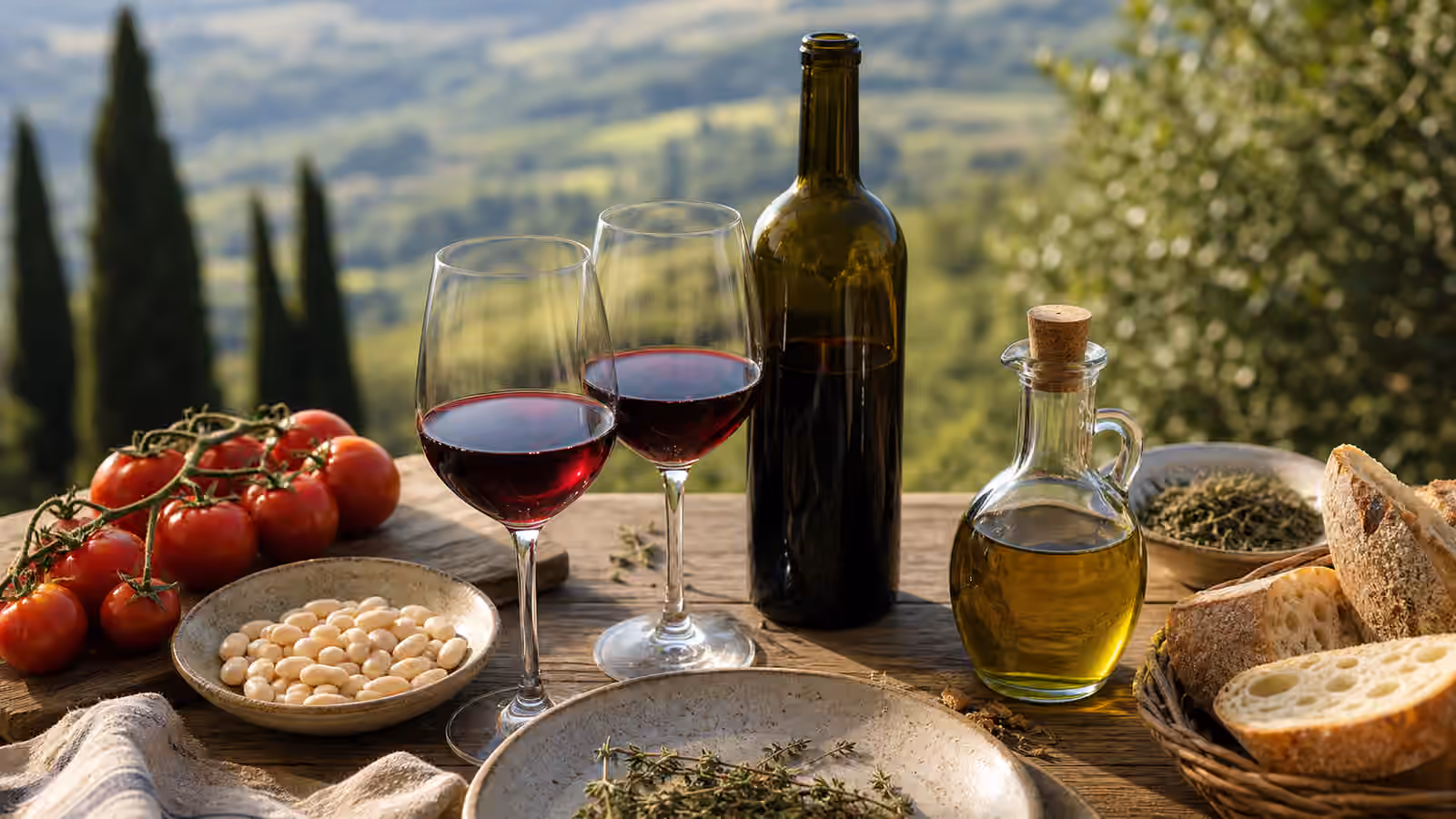 Two glasses of ruby red wine beside tomatoes, olive oil, white beans, herbs, bread, and an unbranded bottle overlooking vineyard hills.