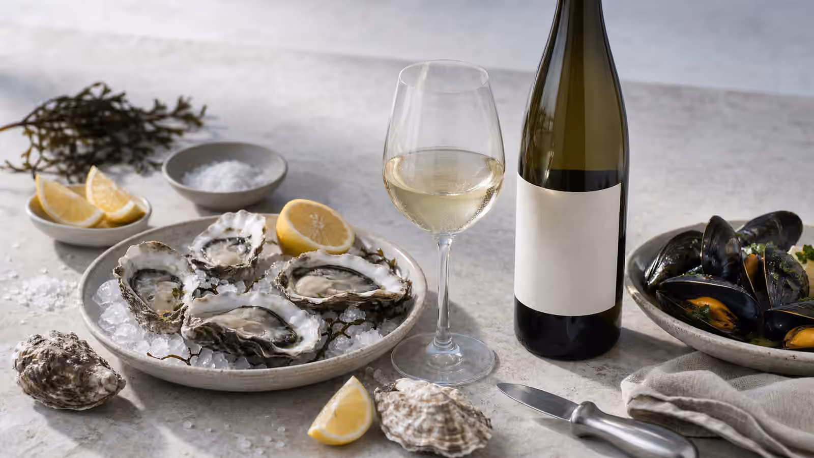 A glass of crisp white wine beside an unbranded bottle, oysters, mussels, lemon wedges, sea salt, and an oyster knife.