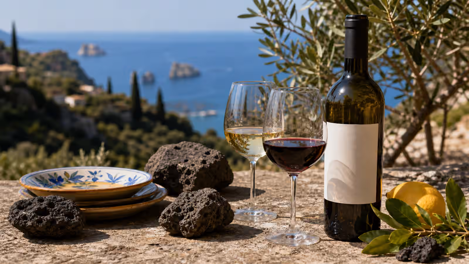 Glasses of red and white wine beside an unbranded bottle, volcanic stones, citrus, olive branches, and ceramic plates on a sunlit stone table.