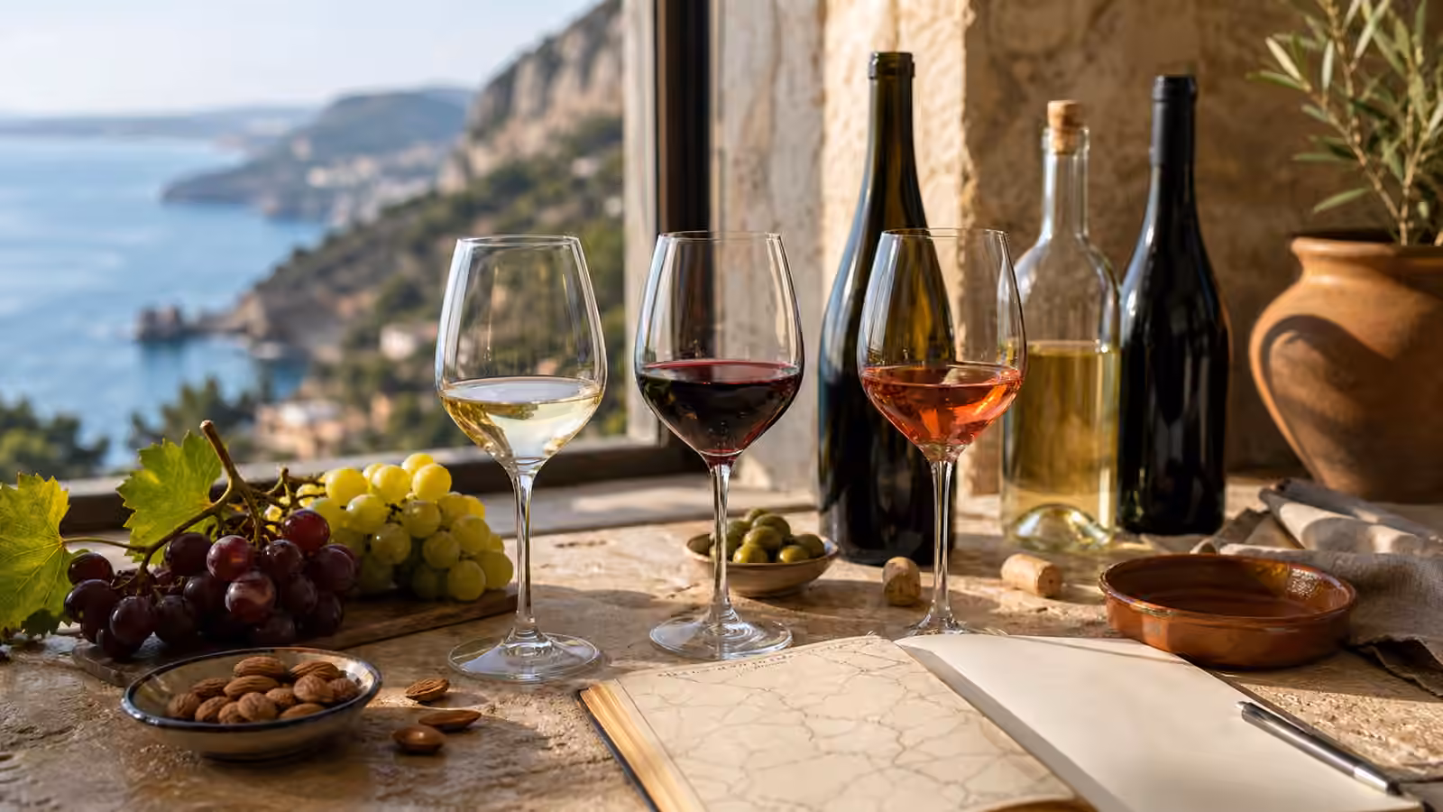 Three Spanish-style wine glasses beside unbranded bottles, grapes, olives, almonds, corks, and a blank notebook on a warm stone table.