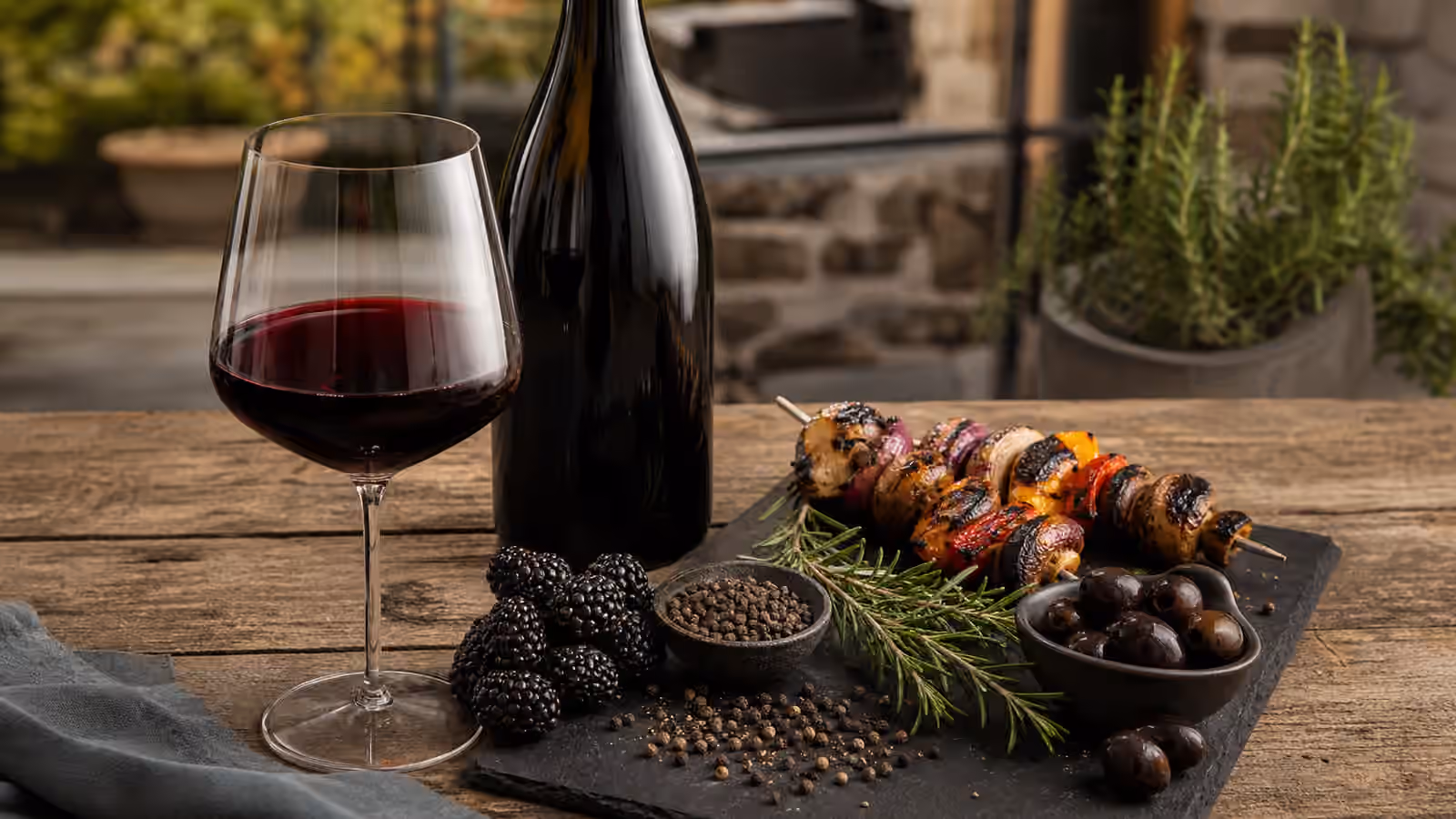 A glass of deep red wine beside blackberries, cracked pepper, olives, rosemary, grilled vegetables, and an unbranded bottle.