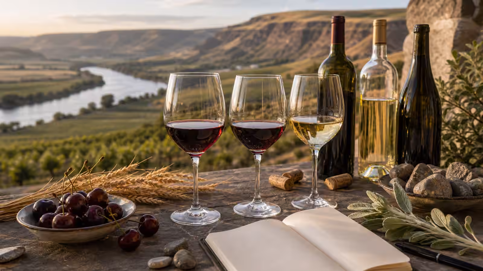 Washington-style red and white wine glasses beside unbranded bottles, cherries, basalt stones, wheat stalks, sage leaves, corks, and a blank vineyard notebook.