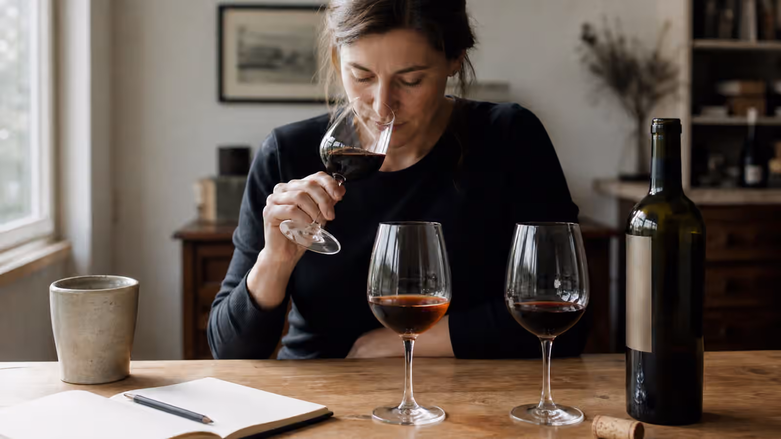 A taster compares three wine glasses beside an open notebook and an unbranded bottle.