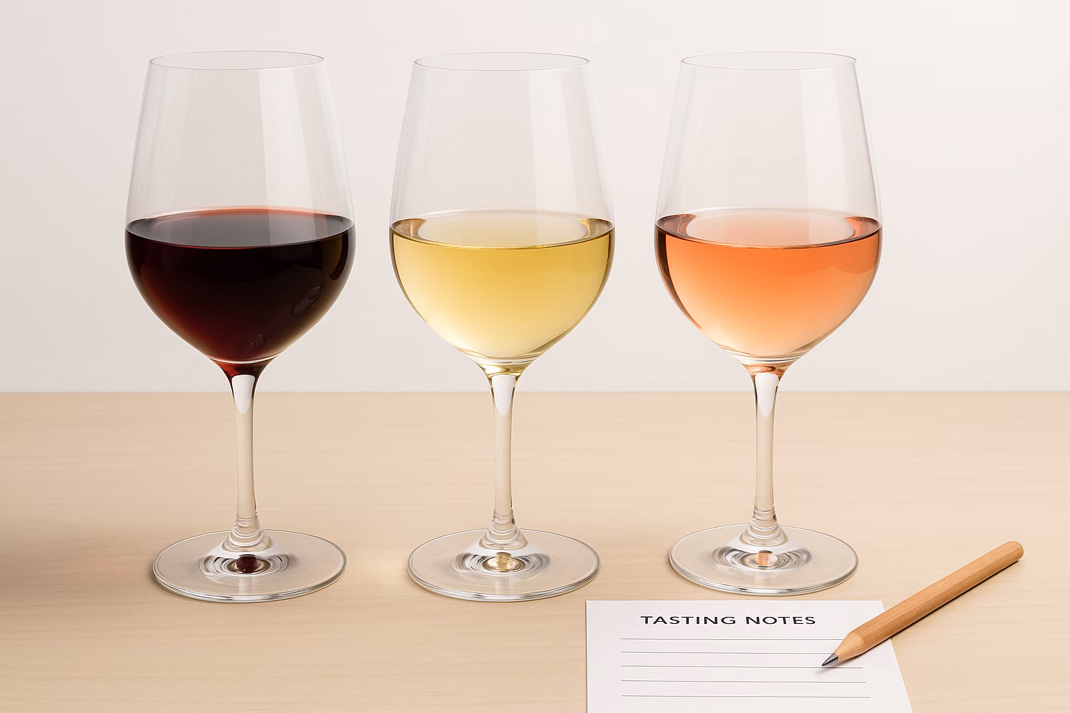 A minimal wine study setup: a map-style notebook page with simple region outlines and grape names, two glasses (one red, one white), a cork, and a pen on a wooden table, soft side lighting, realistic photography