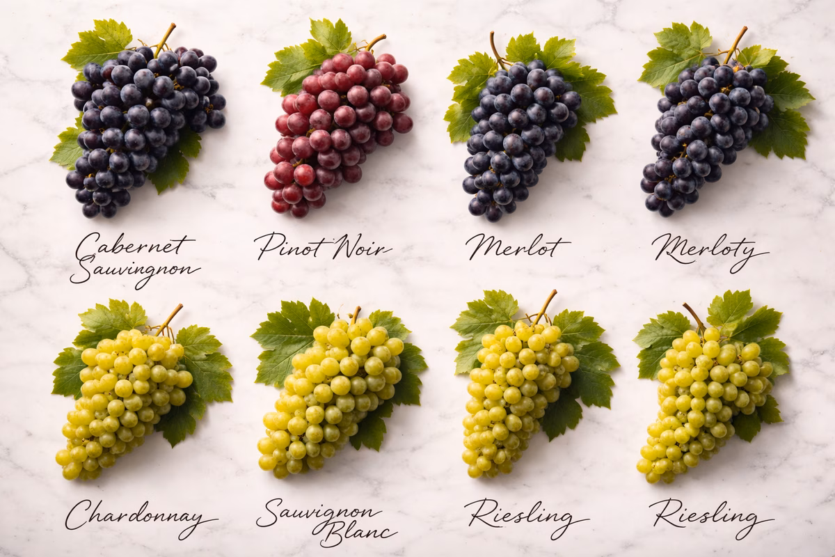 Six grape varieties arranged in pairs: red grapes (Cabernet Sauvignon, Pinot Noir, Merlot) and white grapes (Chardonnay, Sauvignon Blanc, Riesling) on a marble surface with elegant handwritten labels, soft natural lighting, overhead shot, realistic photography