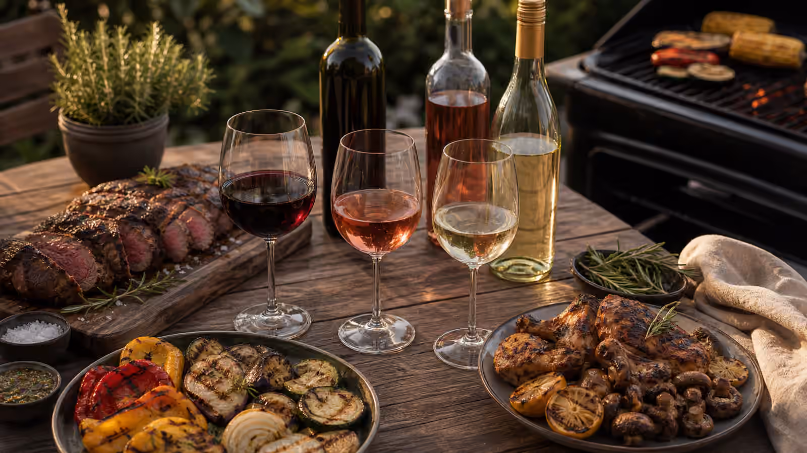 Red, rose, and white wines beside grilled vegetables, browned meats, herbs, sea salt, mushrooms, and unbranded bottles near a grill.
