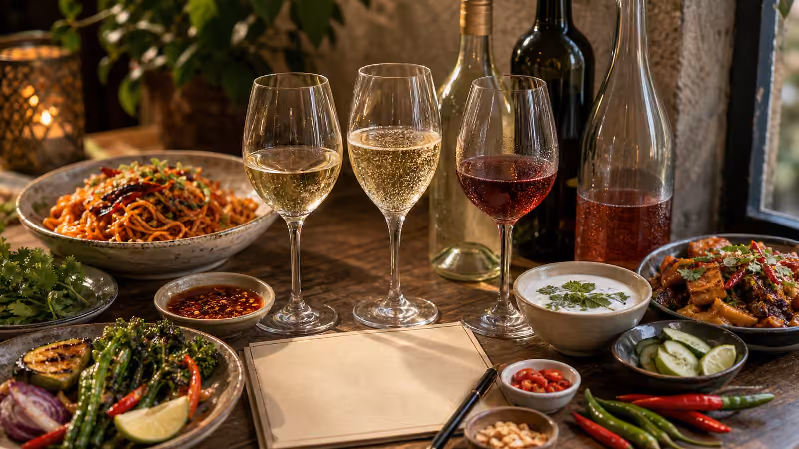 A spicy dinner table with noodles, chile oil, herbs, lime, cooling sauce, aromatic white wine, sparkling wine, light red wine, and unbranded bottles.