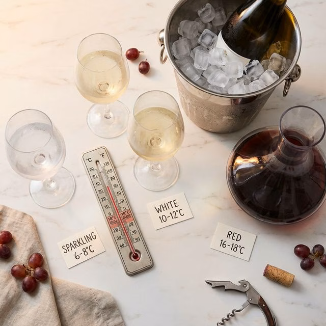 Wine temperature and serving guide: wine glasses showing condensation differences, thermometer, ice bucket, decanter with red wine, and temperature cards for sparkling, white, and red wines, elegant realistic photography