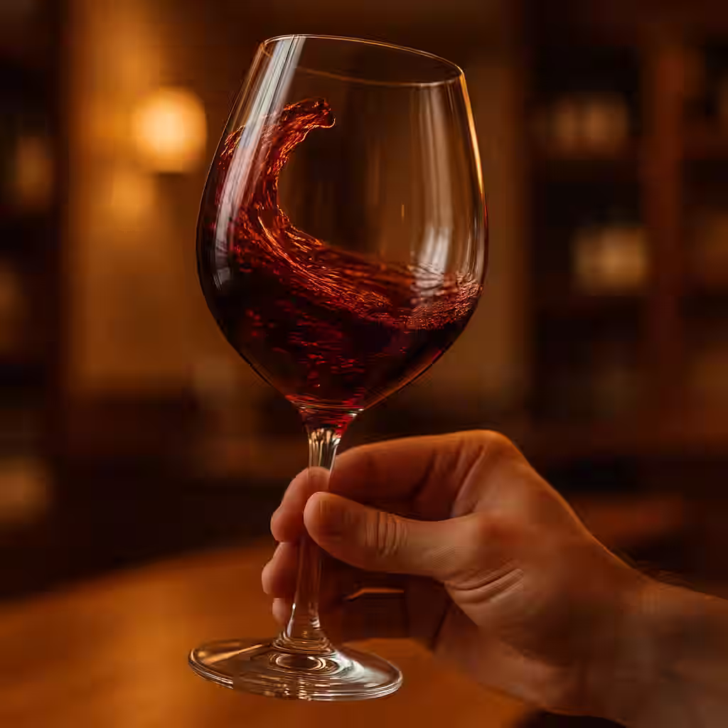 Close-up of a hand holding a wine glass by the stem, mid-swirl motion captured with wine creating a dynamic spiral, visible legs forming on the glass, warm ambient lighting in an elegant tasting room setting